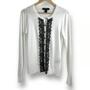 August Silk Women's Size S Button Up Cardigan Ivory With Black Lace Inset